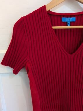 Escada Sport Red Ribbed Knit Top Wool Leather Trim Size M